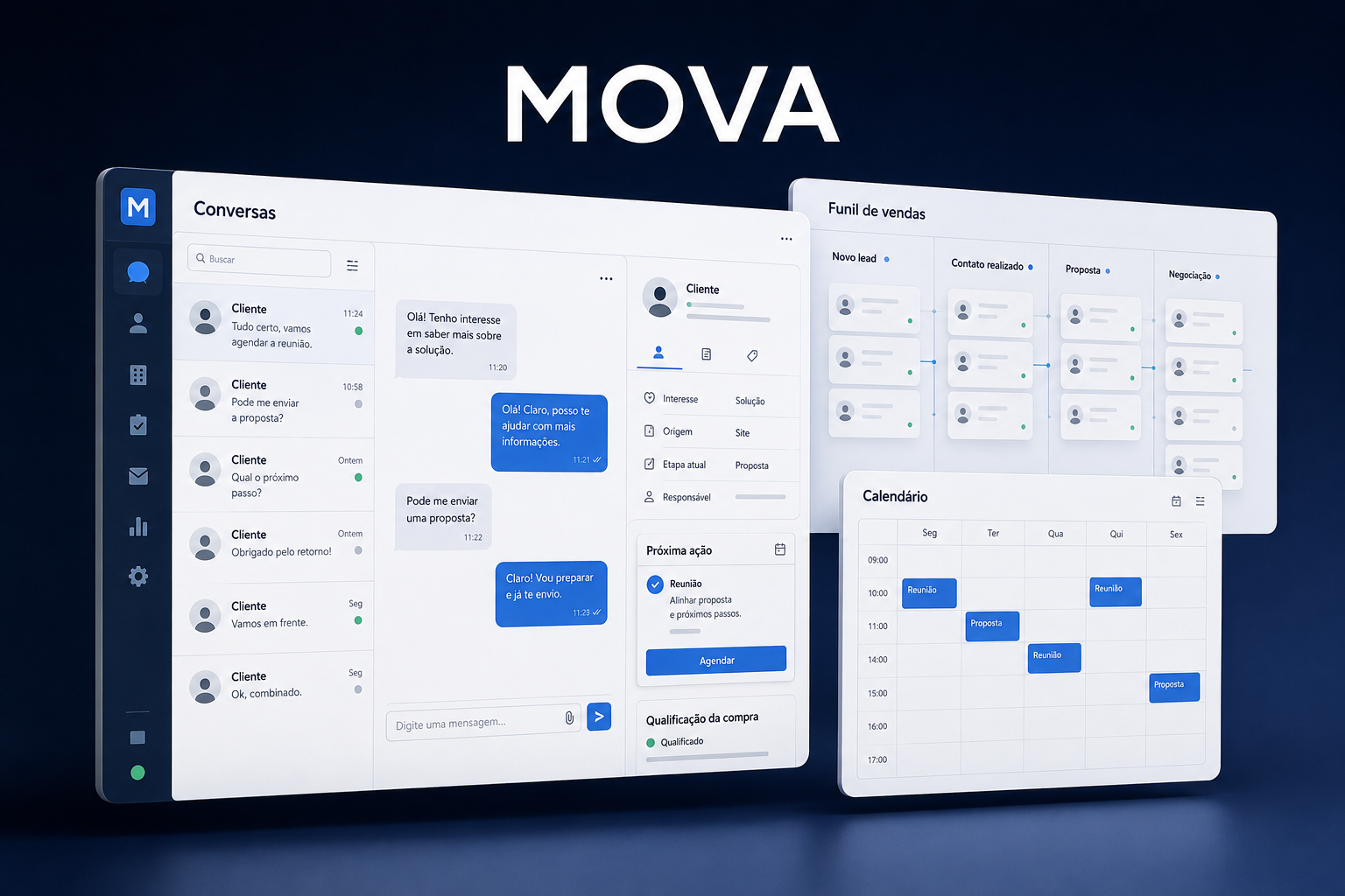 Ilustração da Mova com conversa, cadastro, funil e calendário comercial